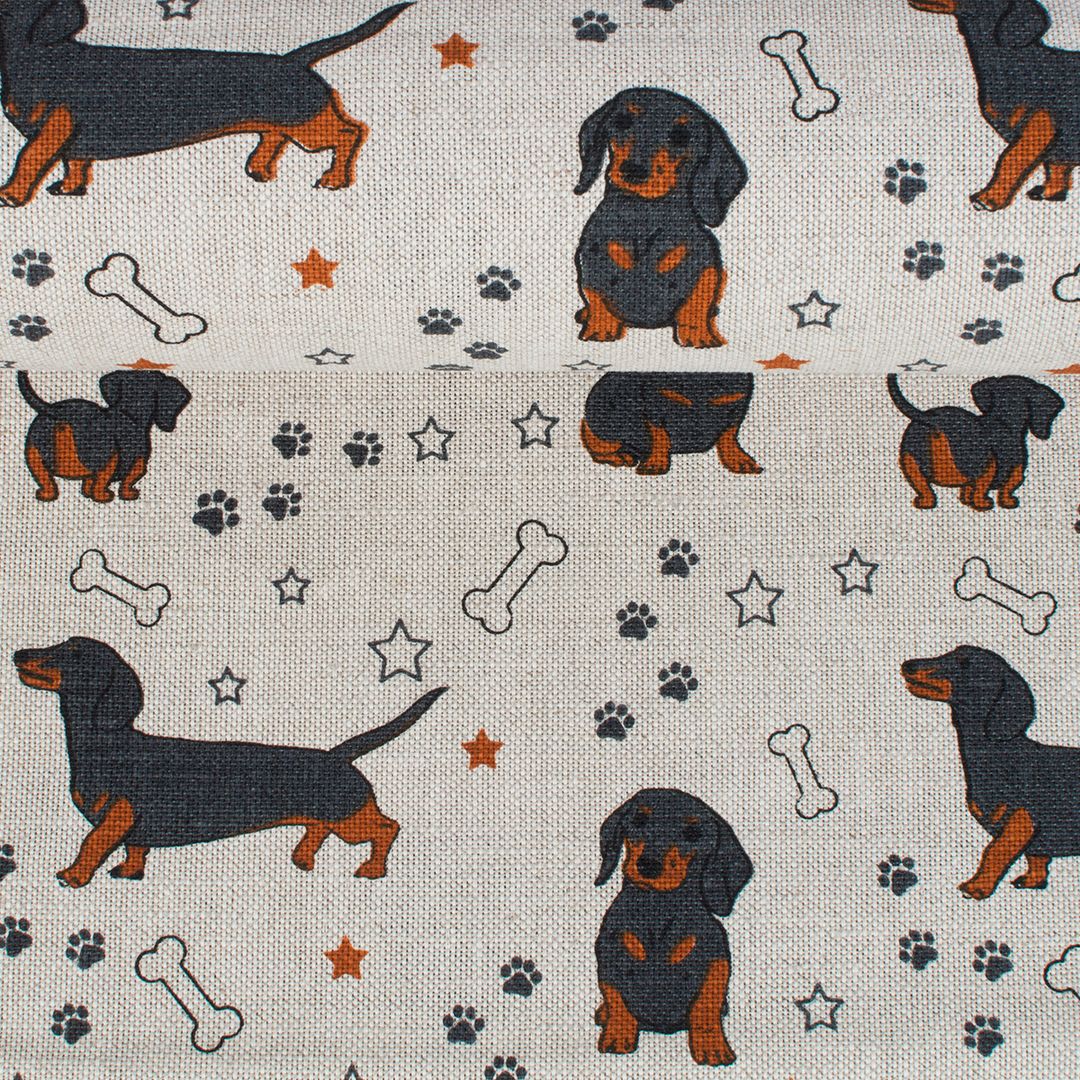 Printed semi linen fabric Dachshund, 240 g/m²