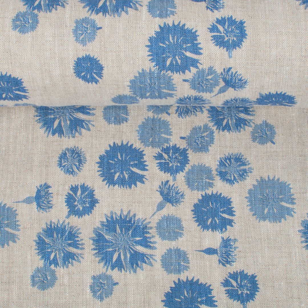 Washed linen printed fabric Cornflower, 210 g/m²
