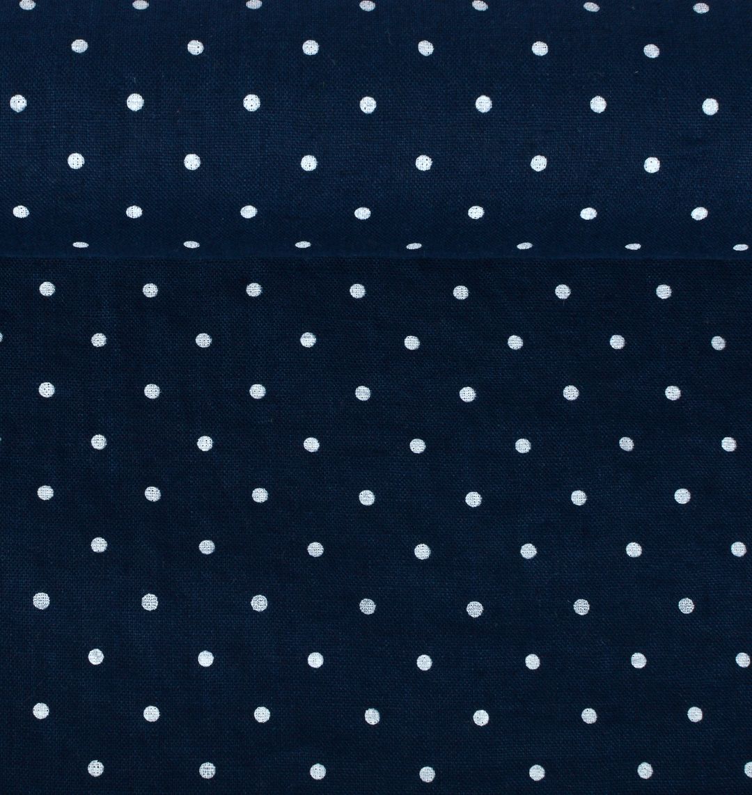 Washed blue linen fabric in white dots pattern, 205 g/m²
