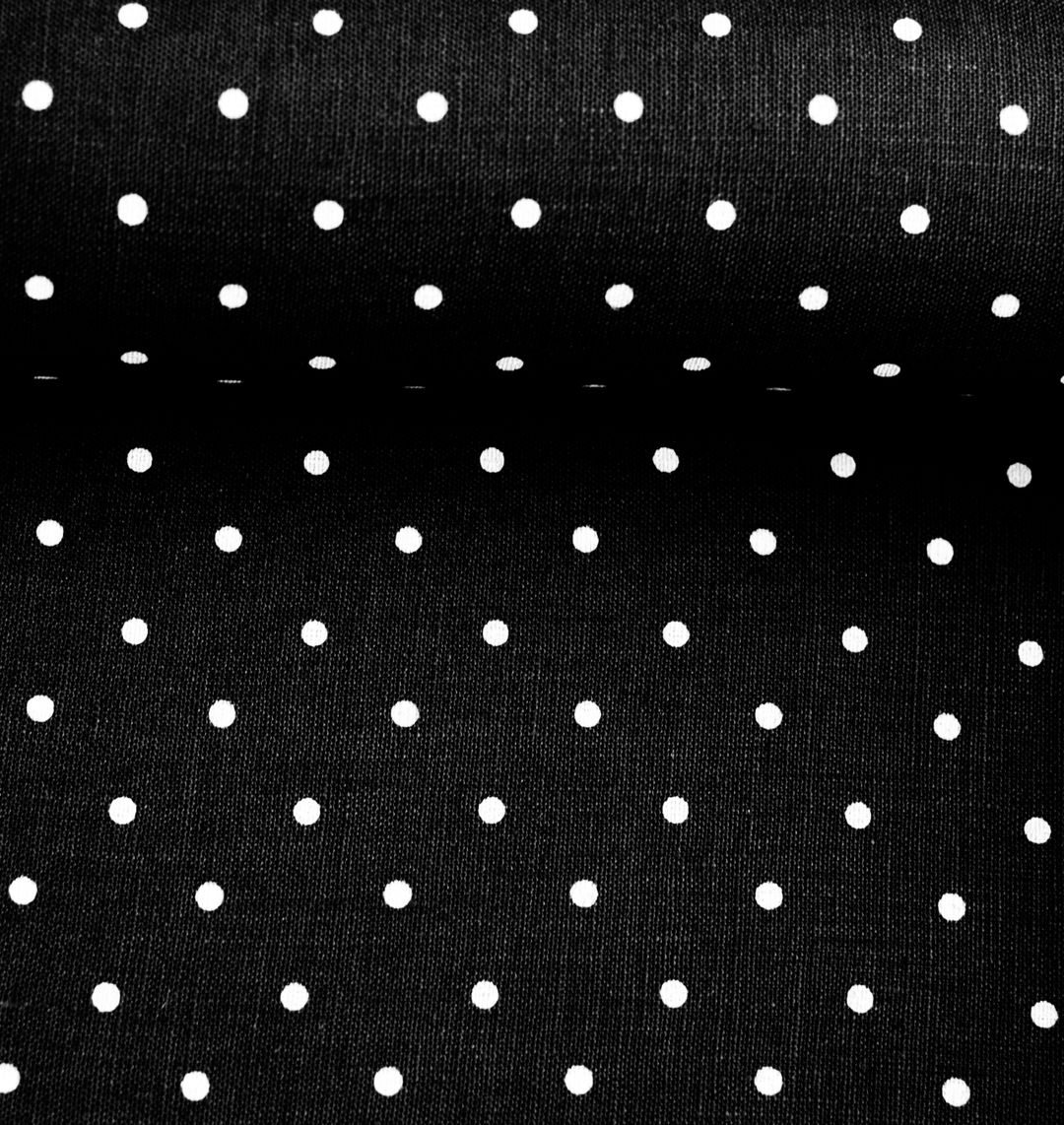 Washed black linen fabric in white dots pattern, 205 g/m²