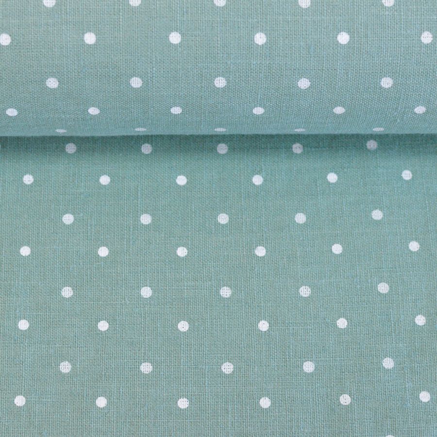 Washed mint colour fabric in white dots pattern, 205 g/m²
