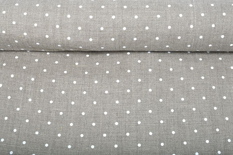 Washed natural fabric in white dots pattern, 200 g/m²