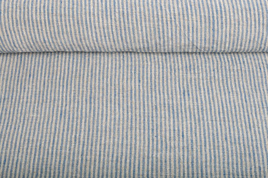 Washed linen fabric in blue stripes, 205 g/m²
