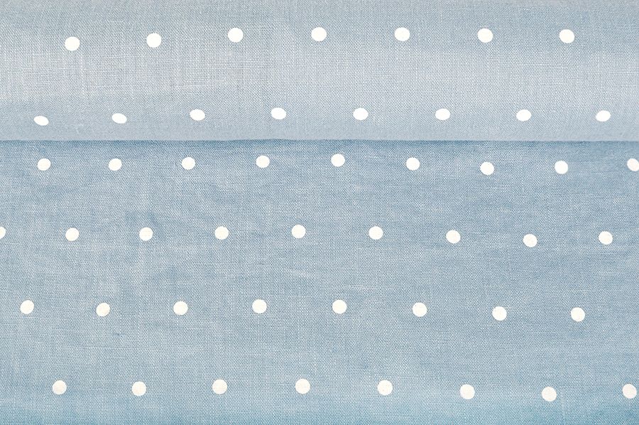 Washed soft blue linen fabric in white dots pattern, 205 g/m²