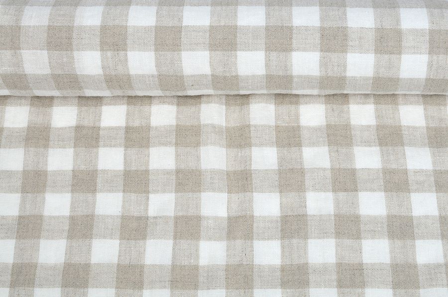 Washed linen fabric in checks, 205 g/m²
