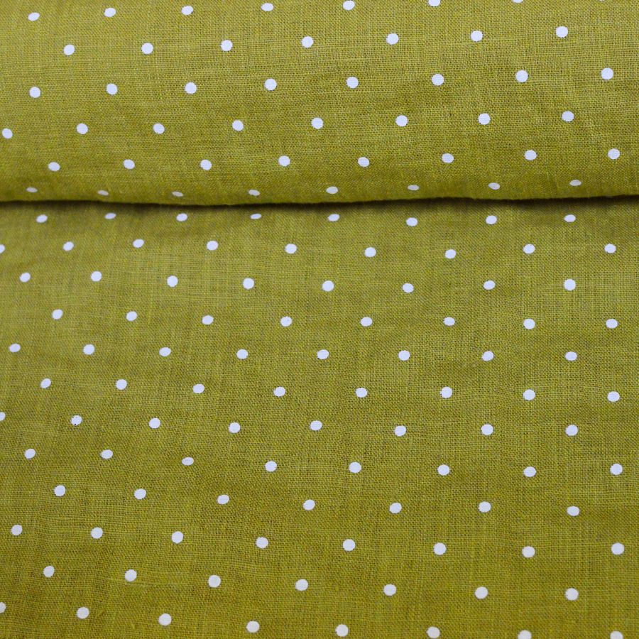 Washed green linen fabric in white dots pattern, 205 g/m²