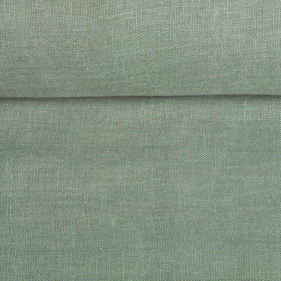 Washed greenish colour linen fabric, 93 g/m²
