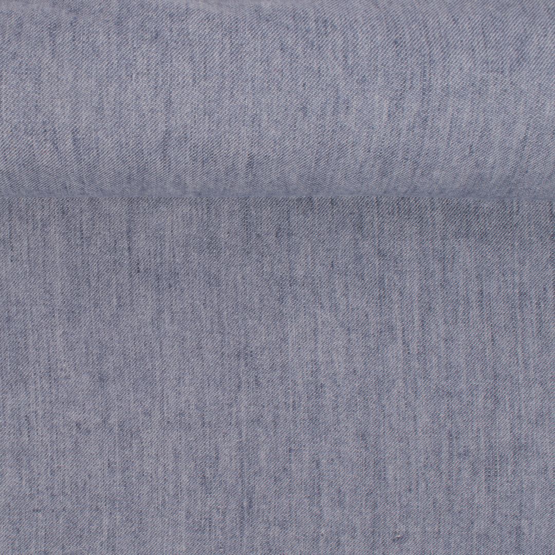 Washed light denim color linen fabric with recycled yarns, 215 g/m²