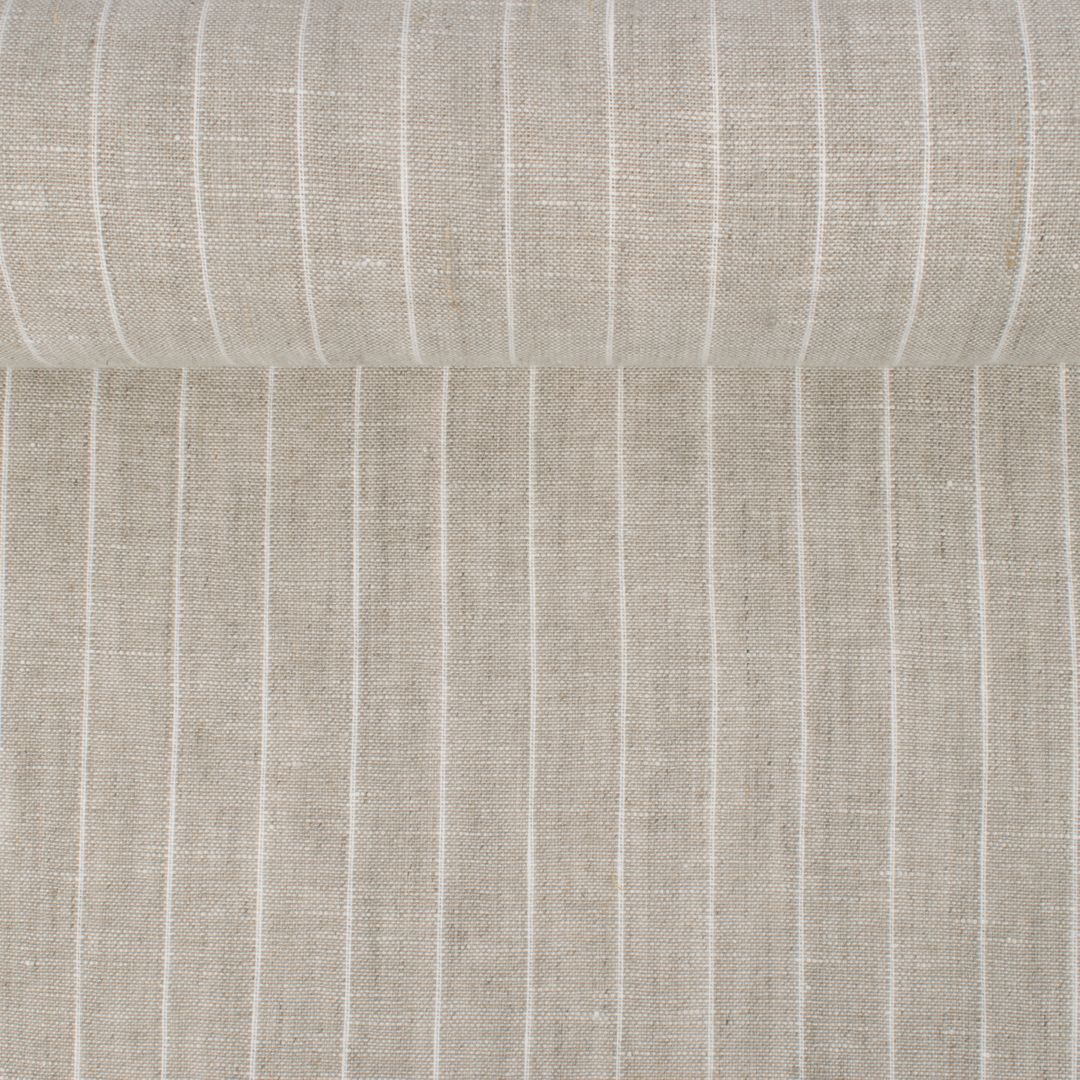 Washed natural color linen fabric with white stripes, 225 g/m²