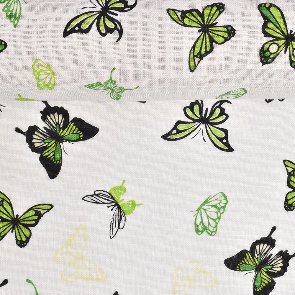 Washed linen fabric in white colour Green butterlies, 205 g/m²