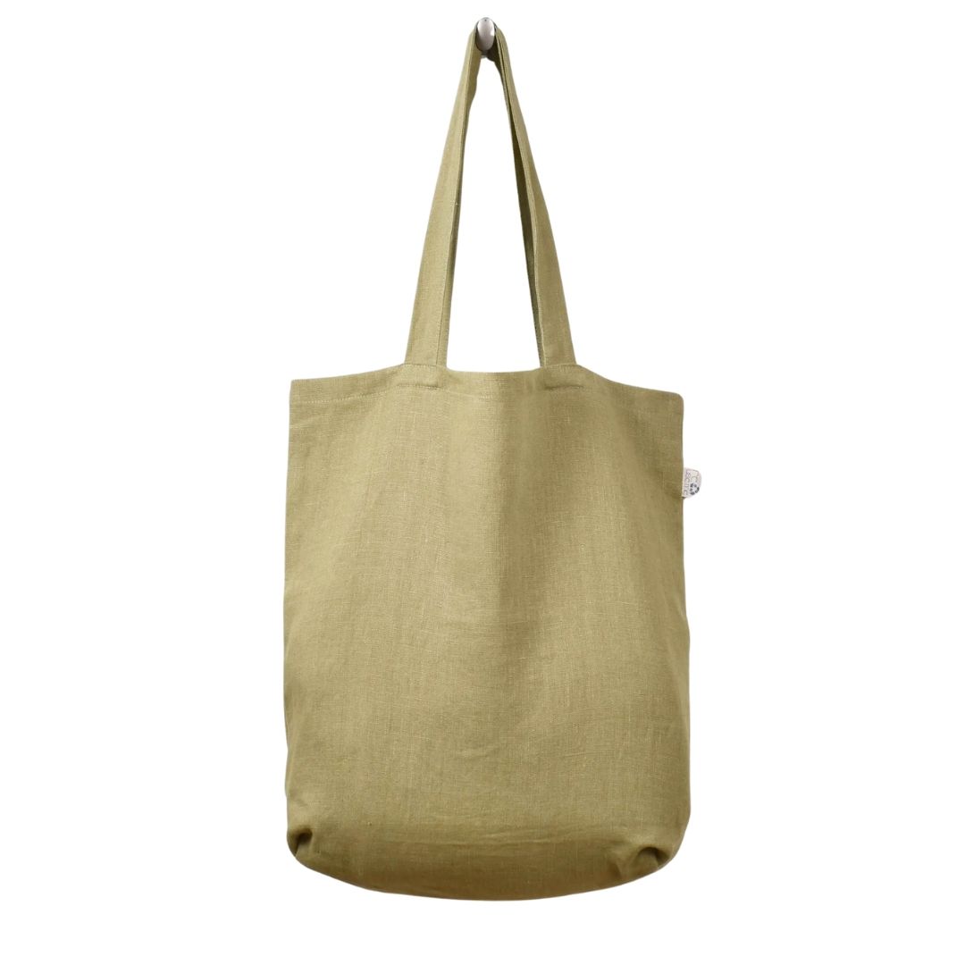 Linen shopping bag Reuse me in olive shade (Medium size)