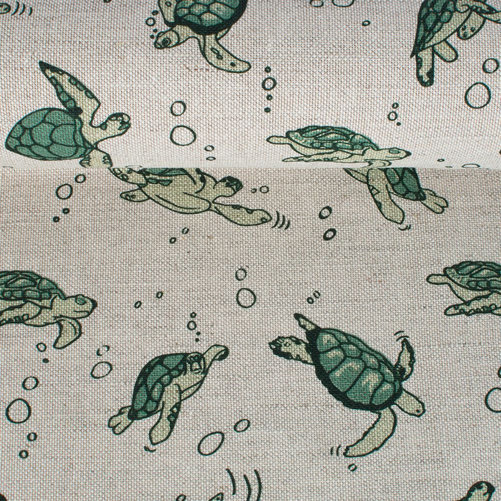 Printed semi linen fabric in natural colour Green turtles, 240 g/m²