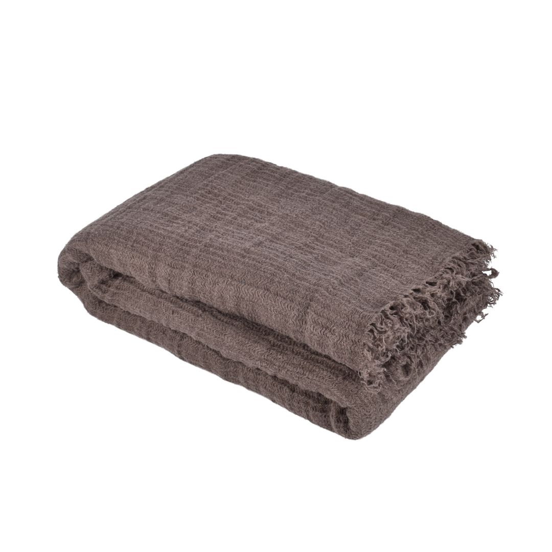 Brown color linen bed throw with fringes, 120x200 cm