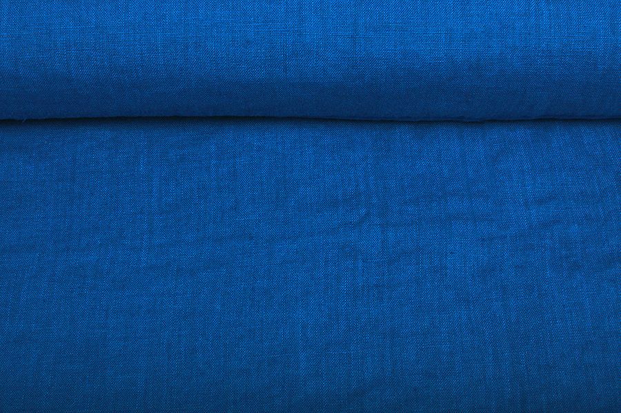 Washed linen fabric in cobalt blue, 205 g/m²