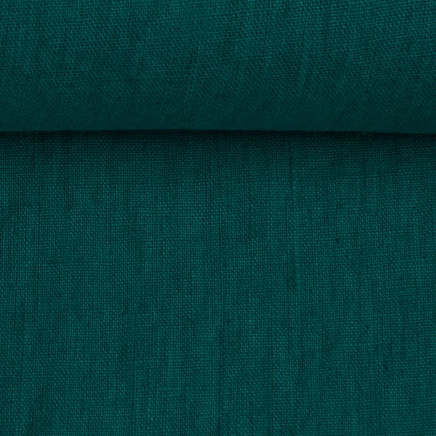 Washed linen fabric in dark turquoise colour, 205 g/m²