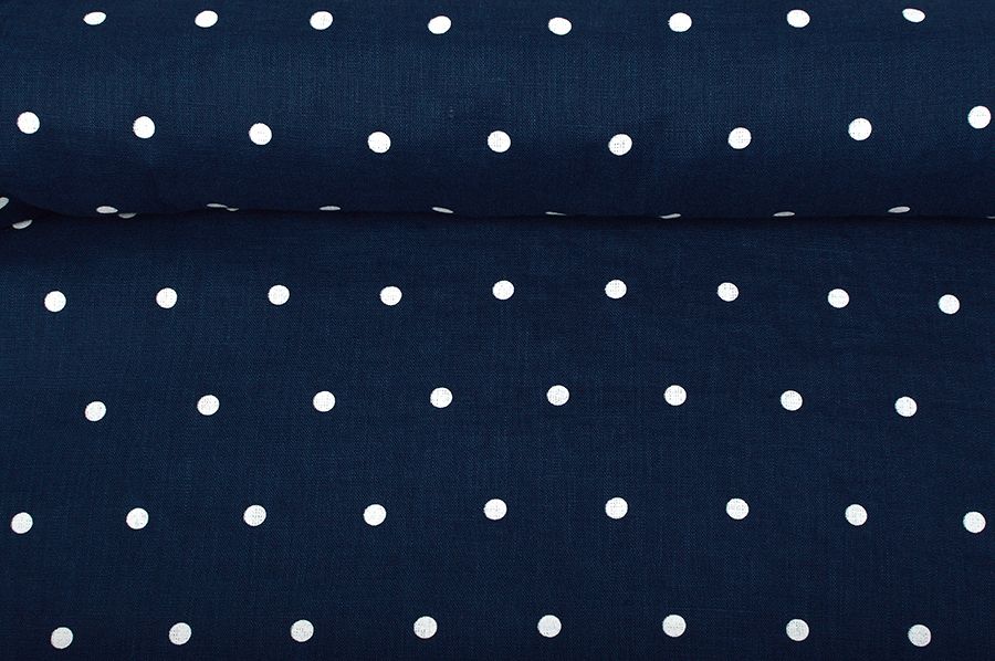 Washed night blue linen fabric in white dots pattern, 205 g/m²