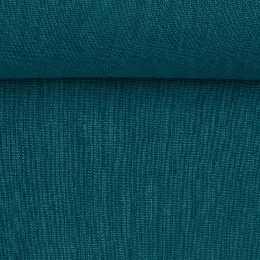 Washed linen fabric in dark sea blue, 205 g/m²