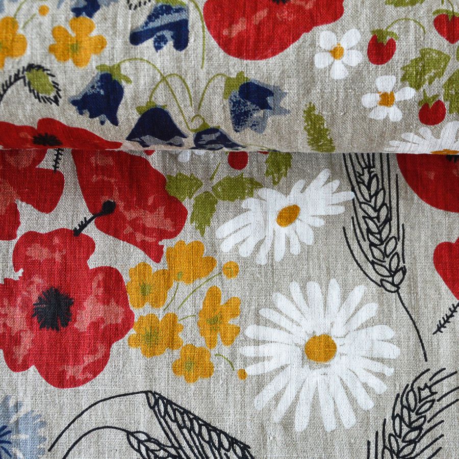 Washed linen fabric Meadow flowers, 205 g/m²