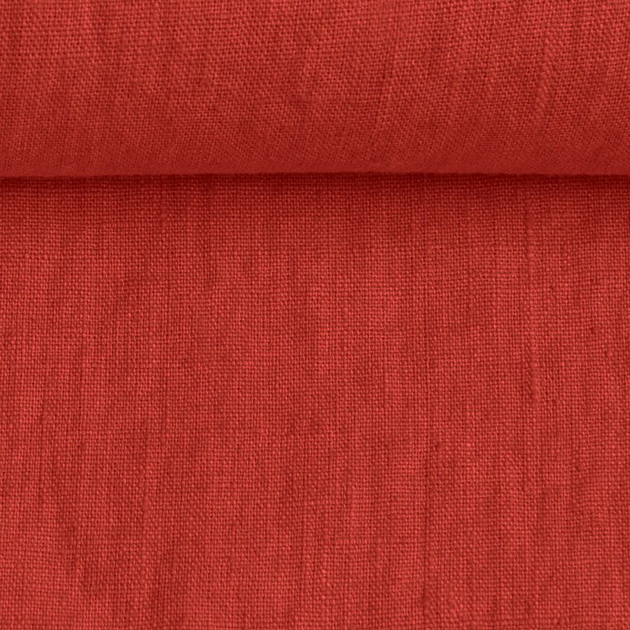 Washed linen fabric in ruby red, 205 g/m²