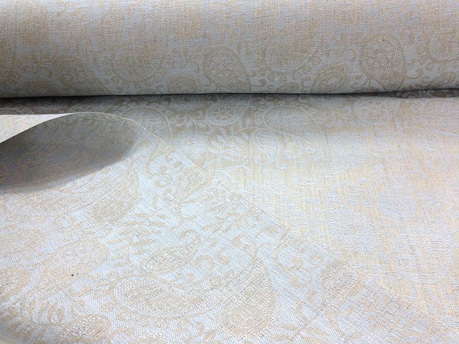 Jacquard linen fabric Blue ornaments, 207 g/m²