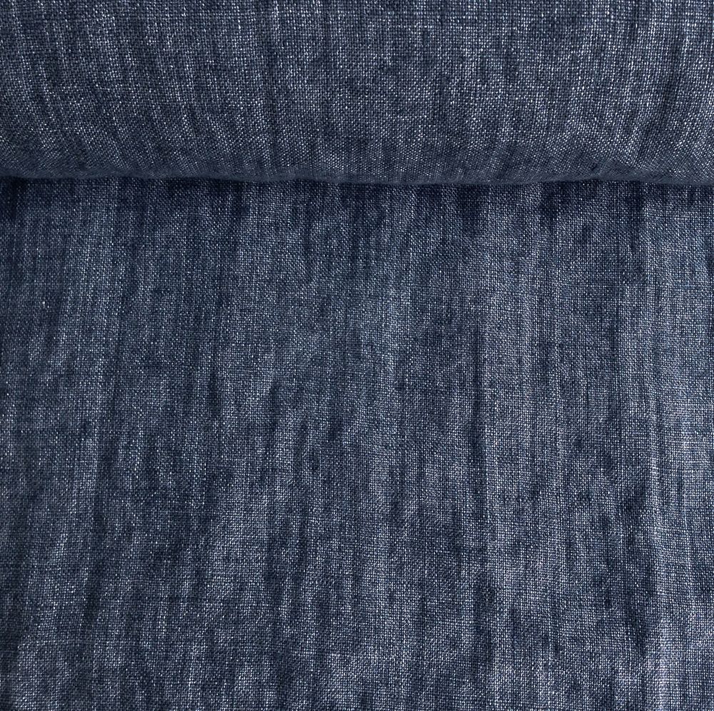 Washed linen melange fabric in blue, 195 g/m²