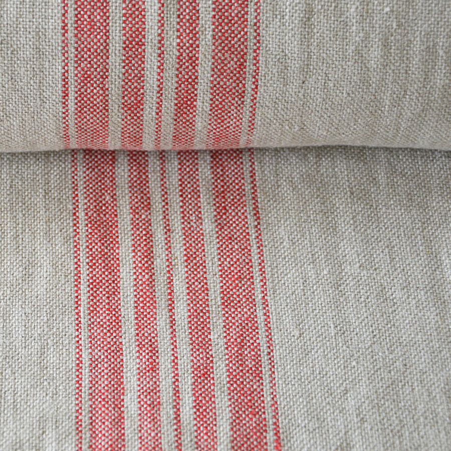 Washed linen fabric in red stripes, 380 g/m²