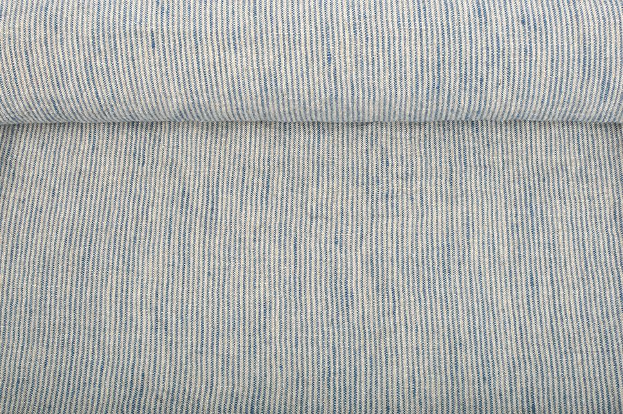 Washed linen fabric in blue stripes, 205 g/m²