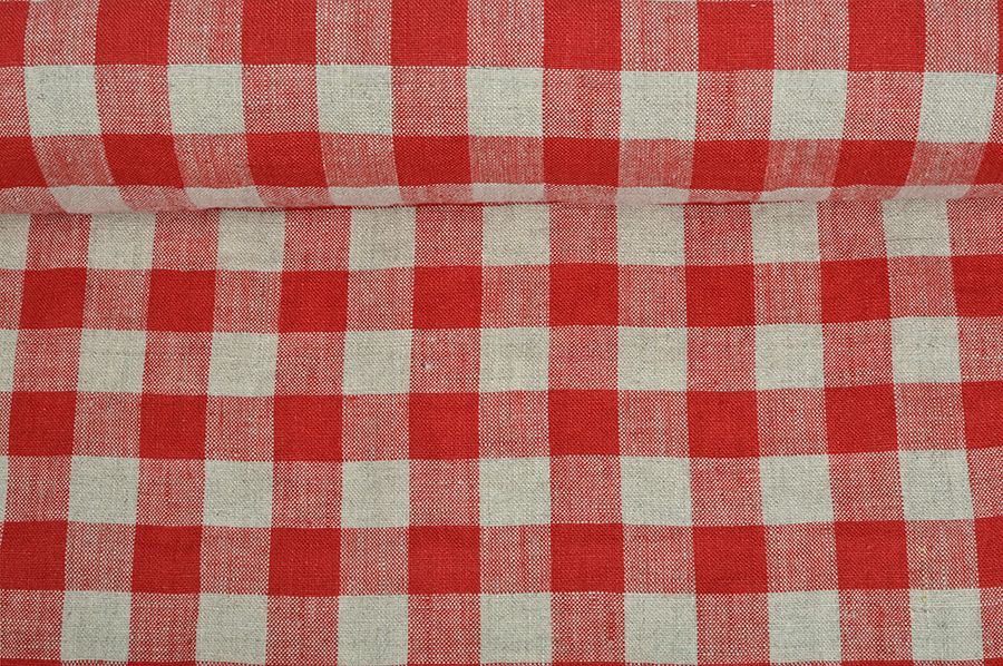 Washed linen fabric in red checks, 205 g/m²