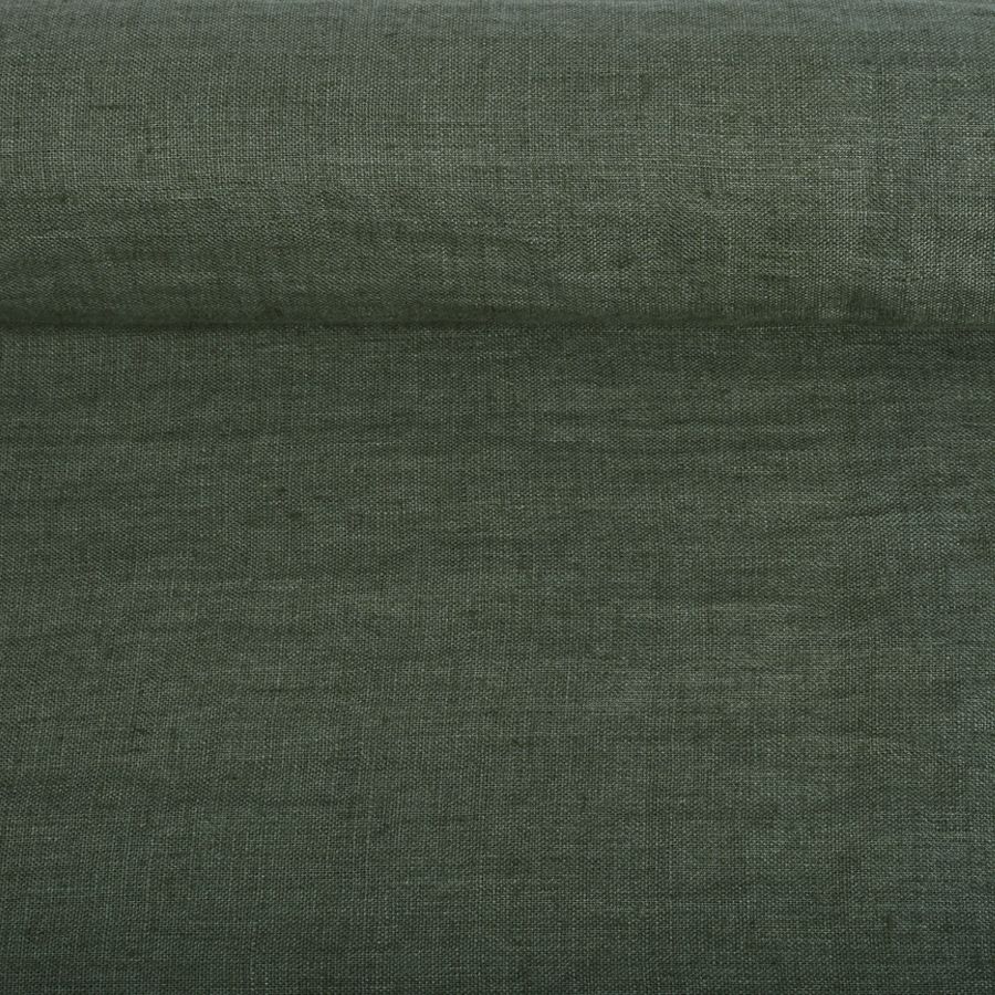 Washed linen fabric in moss green colour, 205 g/m²