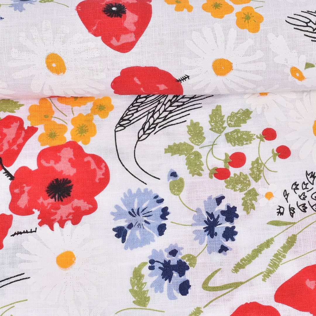 Washed white linen printed fabric Meadow flowers, 205 g/m²