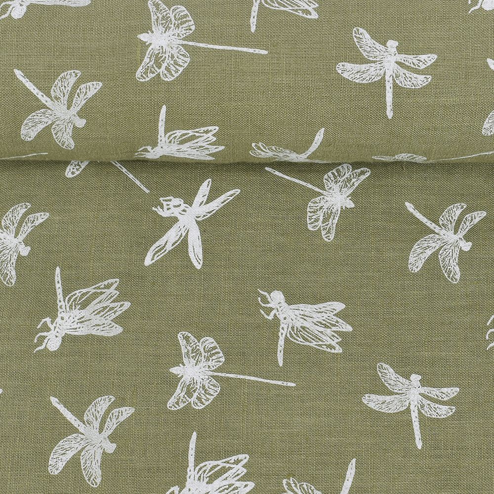Washed light green printed fabric Dragonflies, 160 g/m²