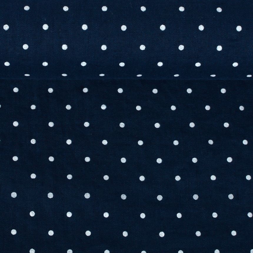 Washed blue linen fabric in white dots pattern, 195 g/m²