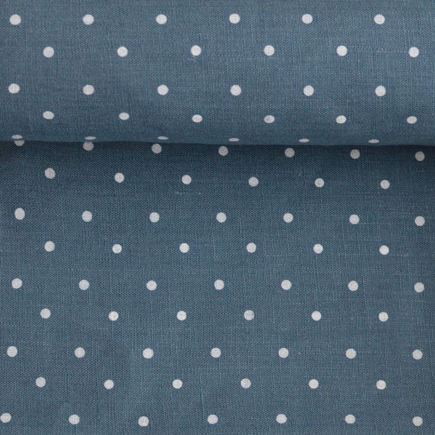 Washed blue linen fabric in white dots pattern, 205 g/m²