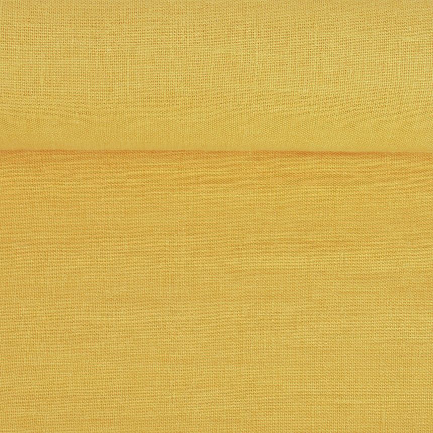 Washed linen fabric in honey yellow colour, 205 g/m²