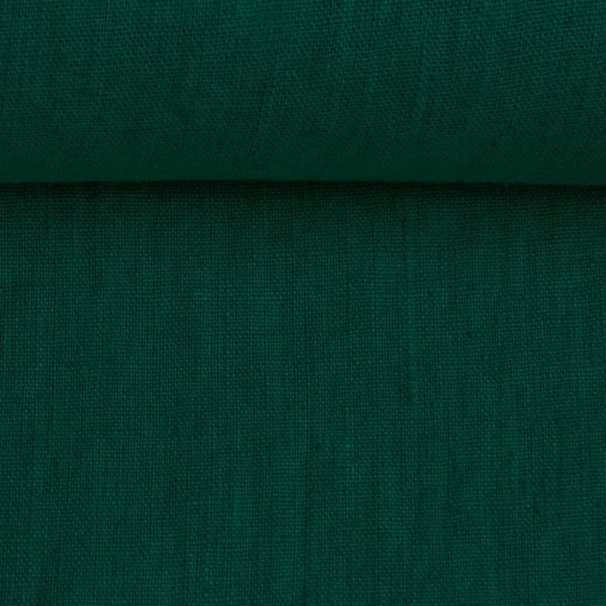 Washed linen fabric in dark green colour, 195 g/m²