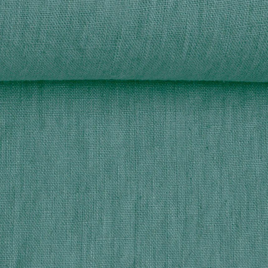Washed linen fabric in dark mint, 195 g/m²