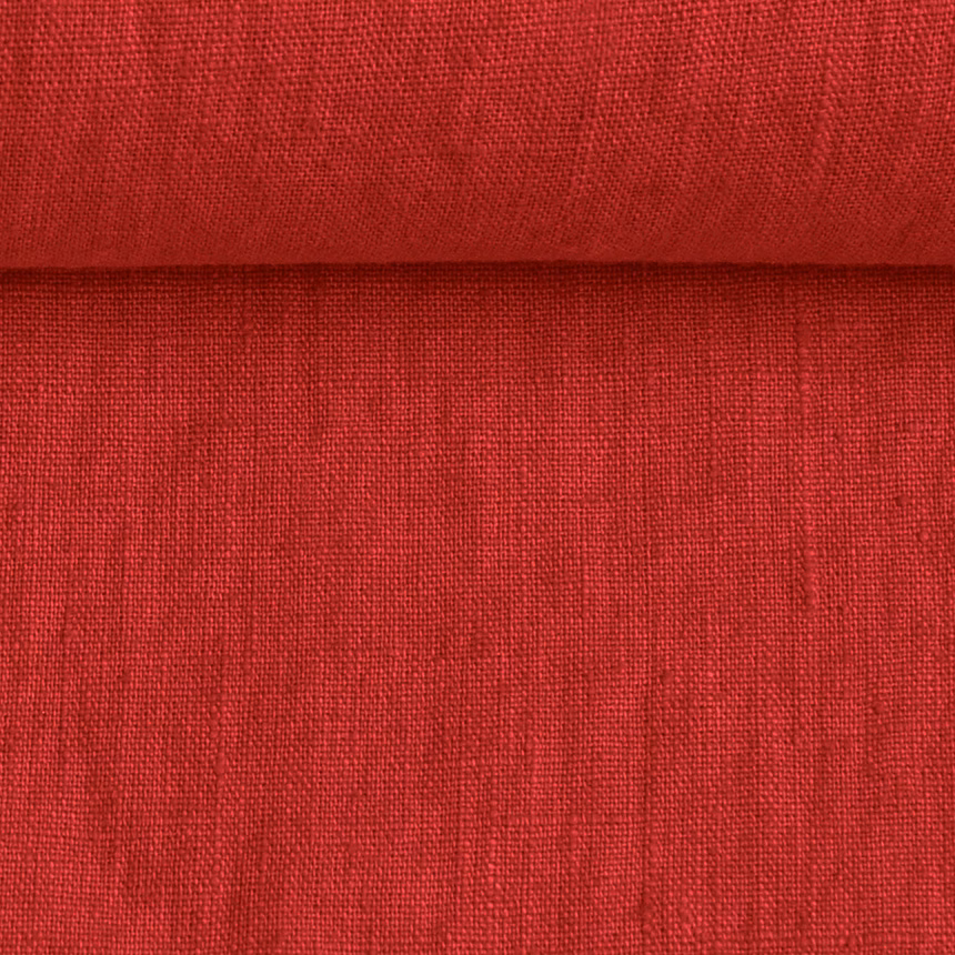 Washed linen fabric in berry red, 195 g/m²