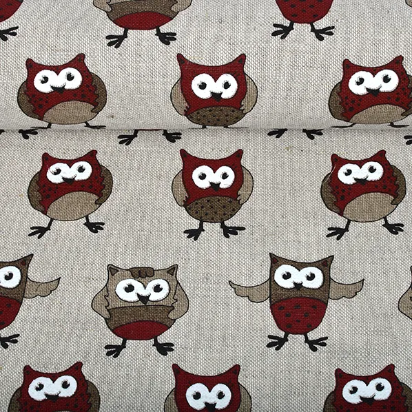 Printed fabric Burgundy owls, 240 g/m²