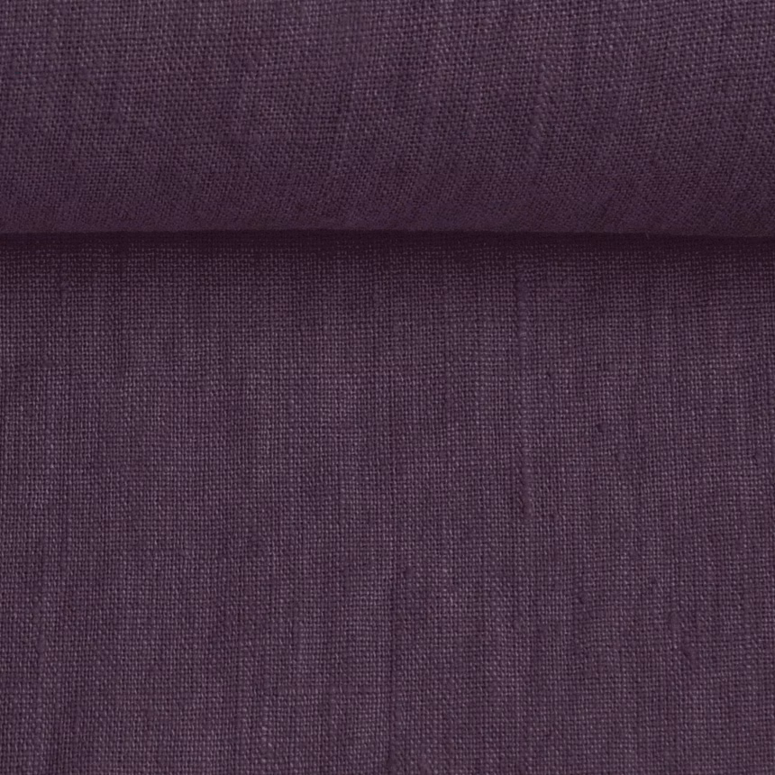 Washed linen fabric in eggplant colour, 195 g/m²