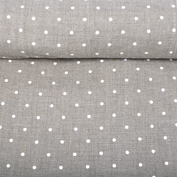 Washed natural fabric in white dots pattern, 200 g/m²