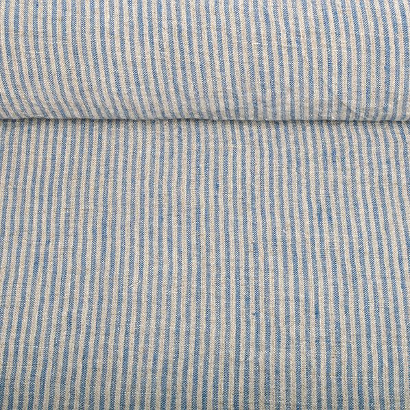 Washed linen fabric in blue stripes, 205 g/m²