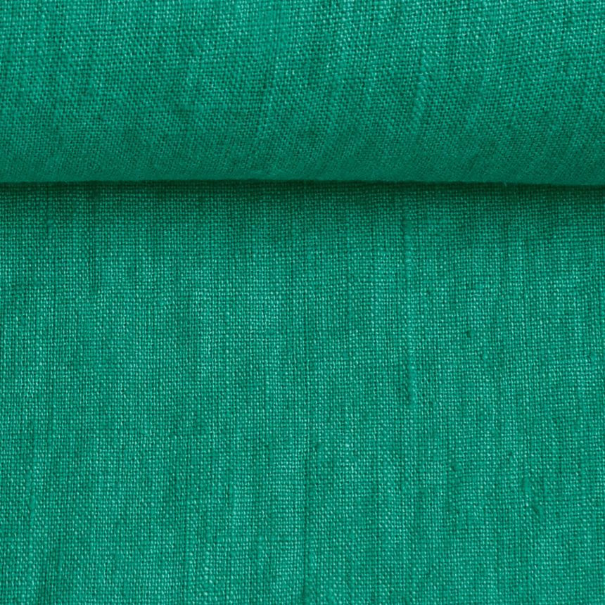 Washed linen fabric in esmerald green, 205 g/m²