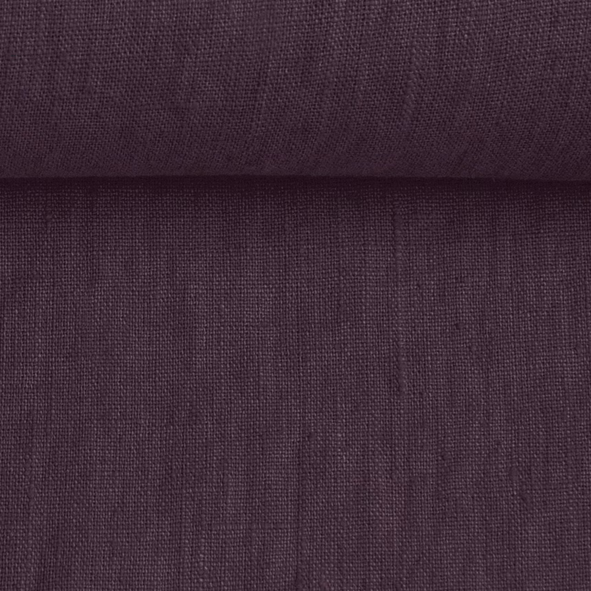 Washed linen fabric in dark plum, 195 g/m²