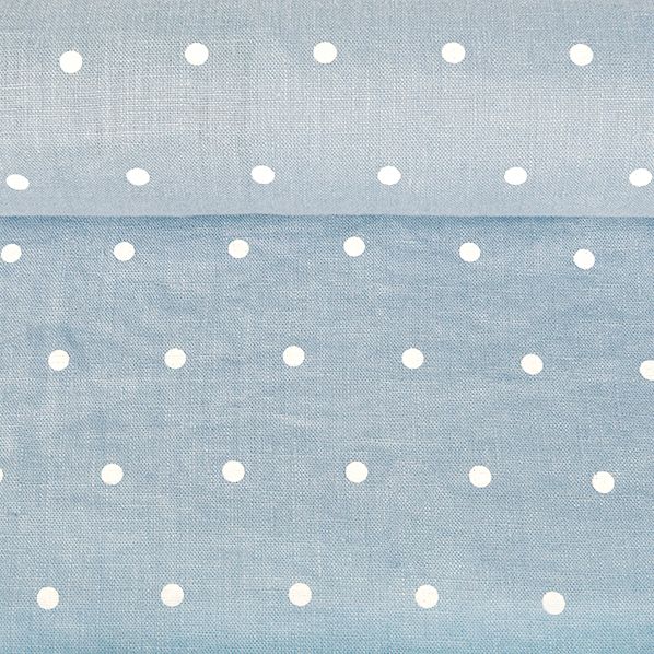 Washed soft blue linen fabric in white dots pattern, 195 g/m²