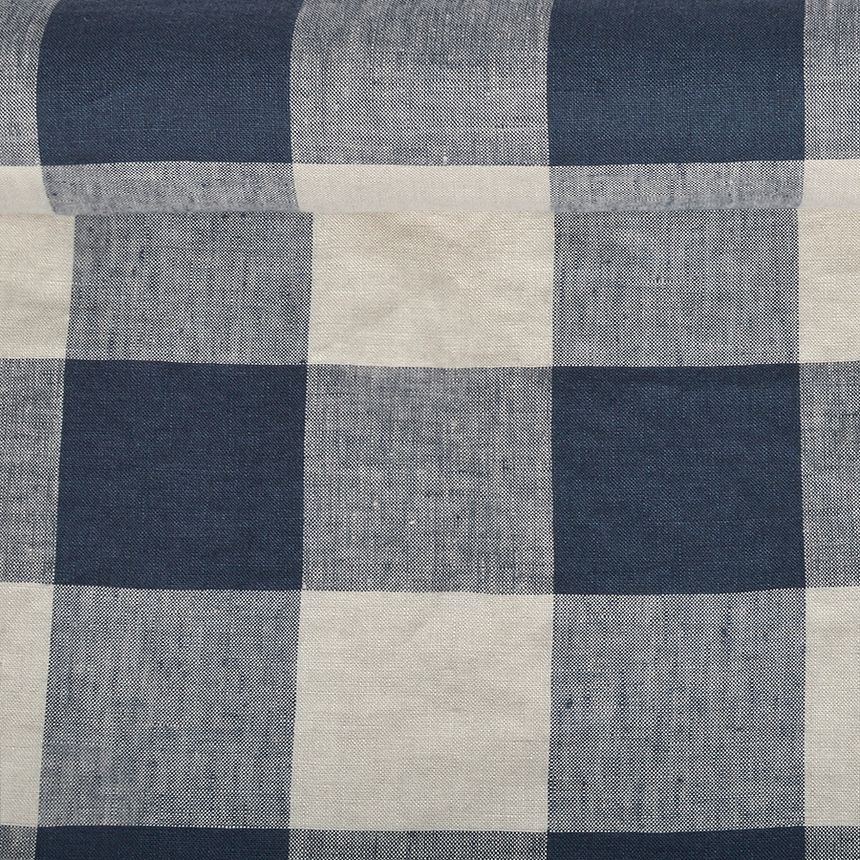 Washed linen fabric in cold grey checks, 195 g/m²