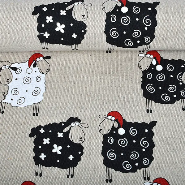 Printed fabric Sheep with red hats, 240 g/m²