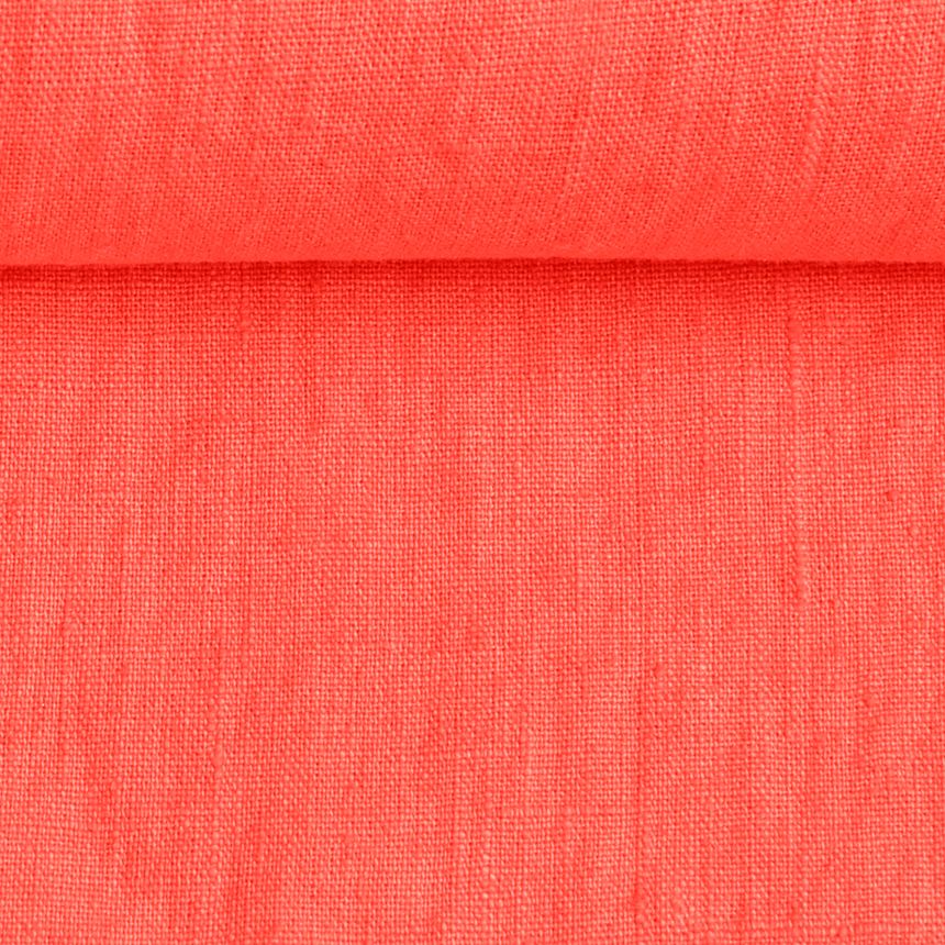 Washed linen fabric in coral pink, 205 g/m²