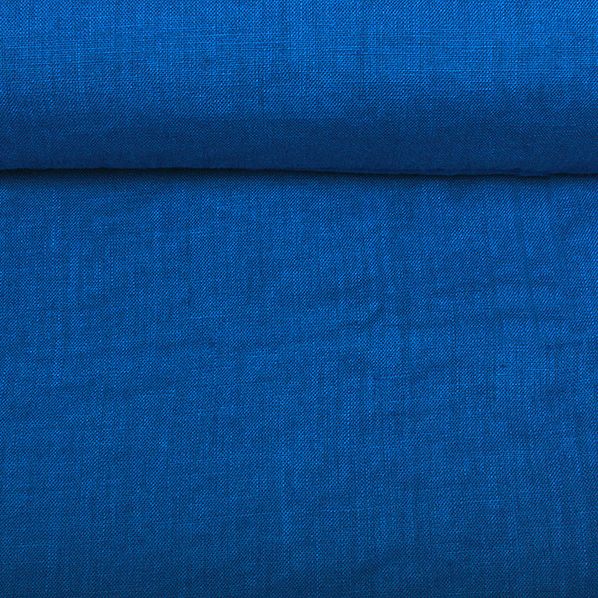 Washed linen fabric in cobalt blue, 195 g/m²
