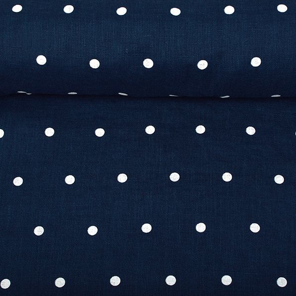 Washed night blue linen fabric in white dots pattern, 195 g/m²