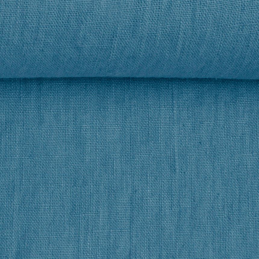 Washed linen fabric in steel blue, 195 g/m²